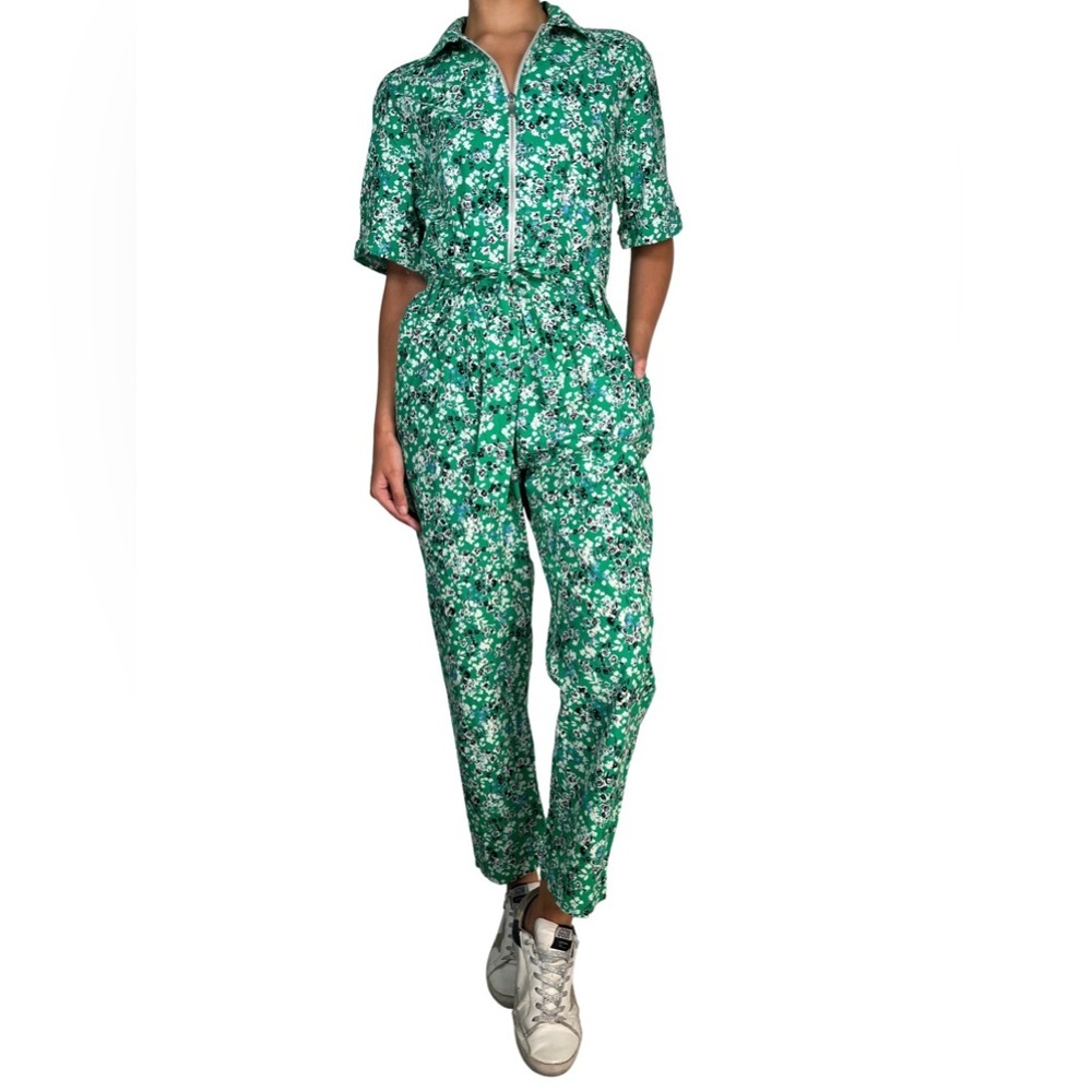 Zara Green Floral Zip Front Jumpsuit Size Medium | Boilersuit Cottagecore Y2K - Picture 1 of 9